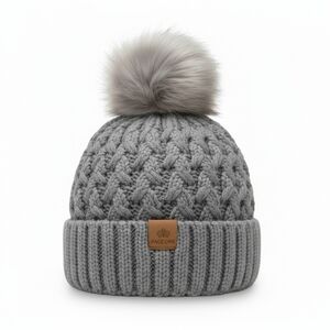 Page One Lined Benie Ribbed Cable Knit Pom Pom Gray Size OS